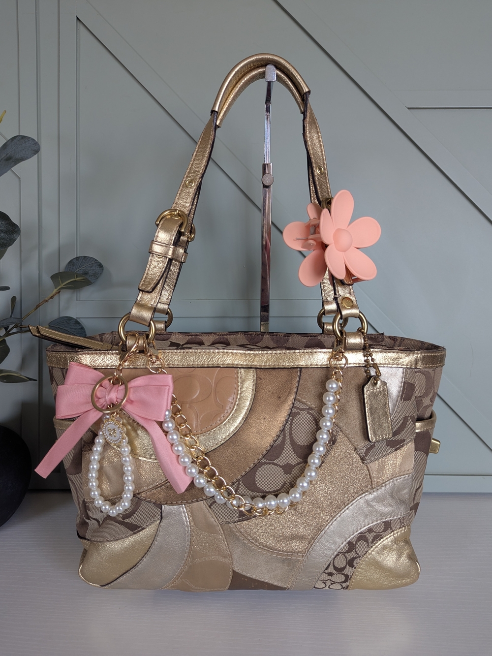 Coach Metallic Gold Patchwork Tote with Pink Bow & Pearl Chain